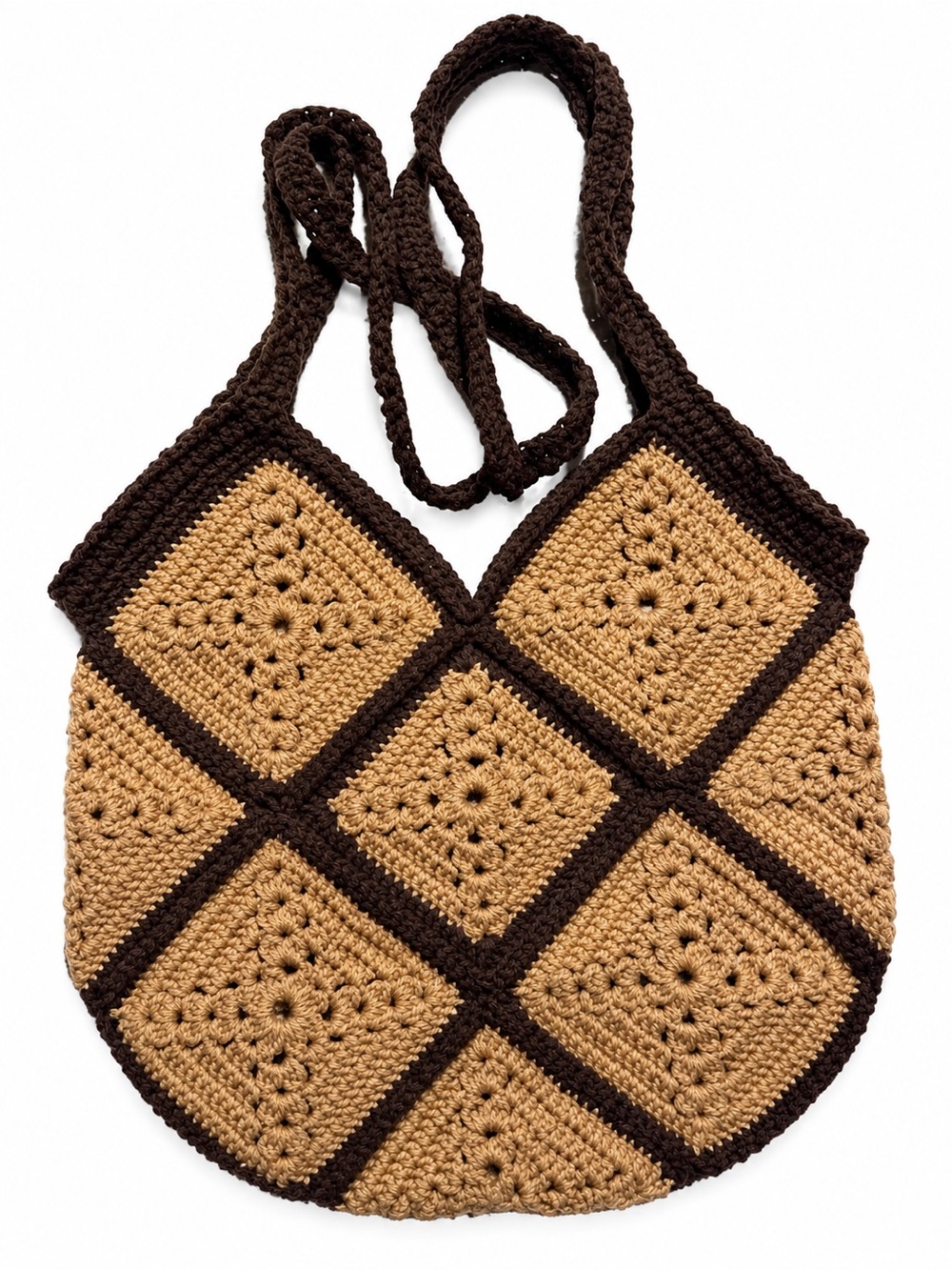 Handmade Crochet Shoulder Bag in Tan & Brown - Boho Women’s Tote